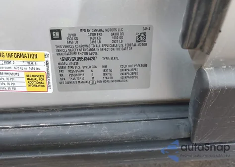 2014 Chevrolet Traverse 1Lt z USA, uszkodzony, nr VIN 1GNKVGKD5EJ344287